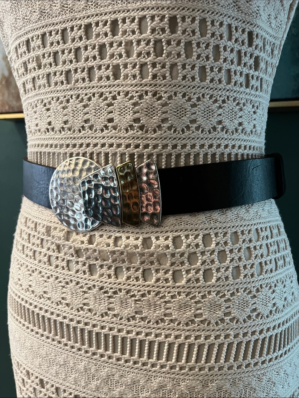 Chico's Black Leather Belt with Hammered Silver-Tone Buckle